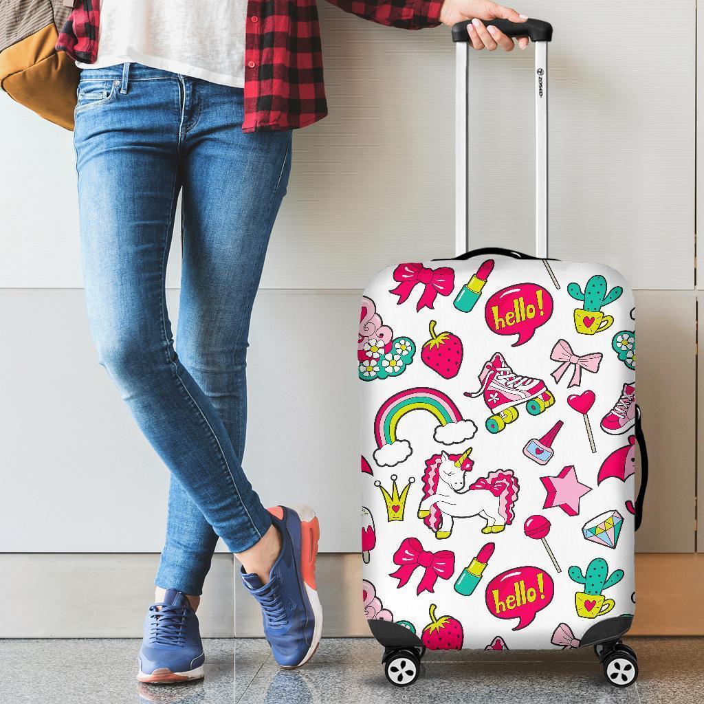 White Girly Unicorn Pattern Print Luggage Cover GearFrost