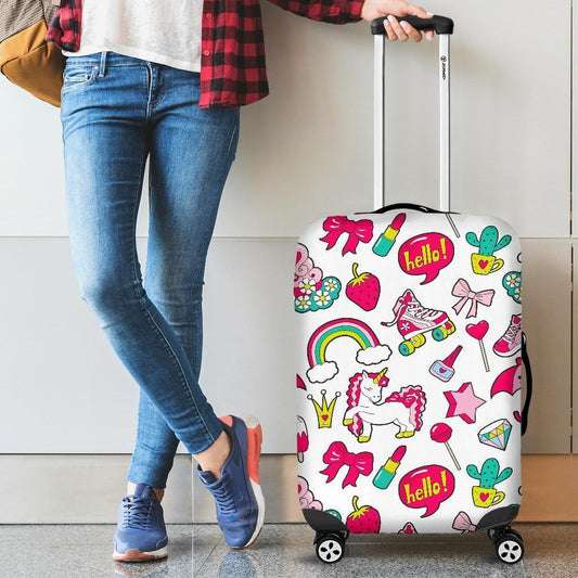 White Girly Unicorn Pattern Print Luggage Cover GearFrost