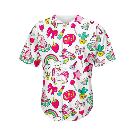 White Girly Unicorn Pattern Print Men's Baseball Jersey