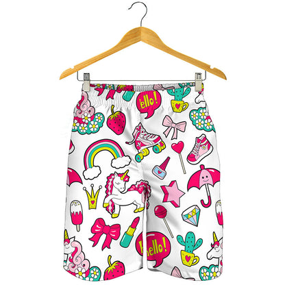 White Girly Unicorn Pattern Print Men's Shorts