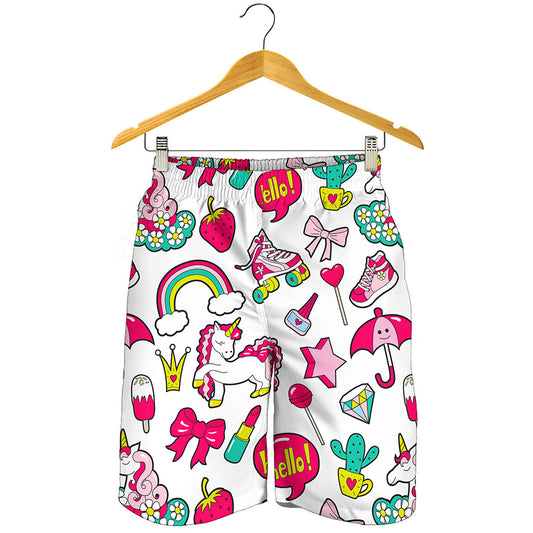 White Girly Unicorn Pattern Print Men's Shorts