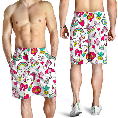 White Girly Unicorn Pattern Print Men's Shorts