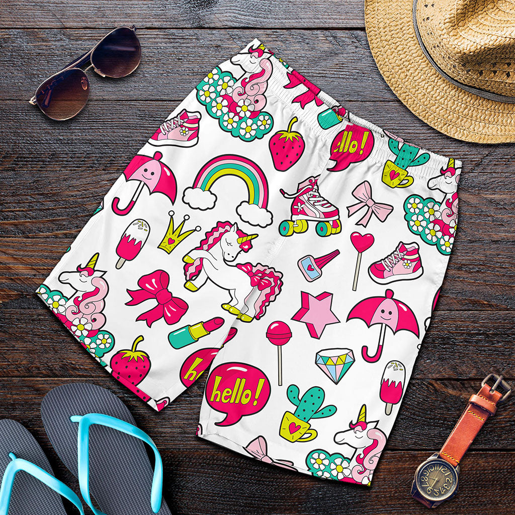 White Girly Unicorn Pattern Print Men's Shorts