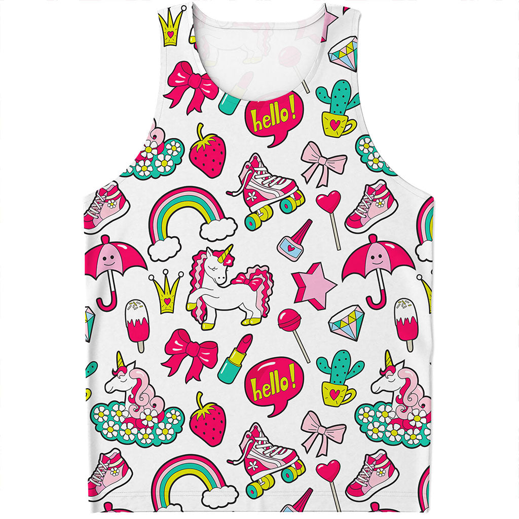 White Girly Unicorn Pattern Print Men's Tank Top