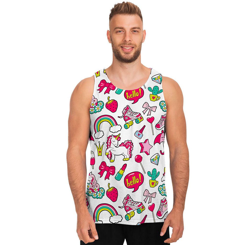 White Girly Unicorn Pattern Print Men's Tank Top