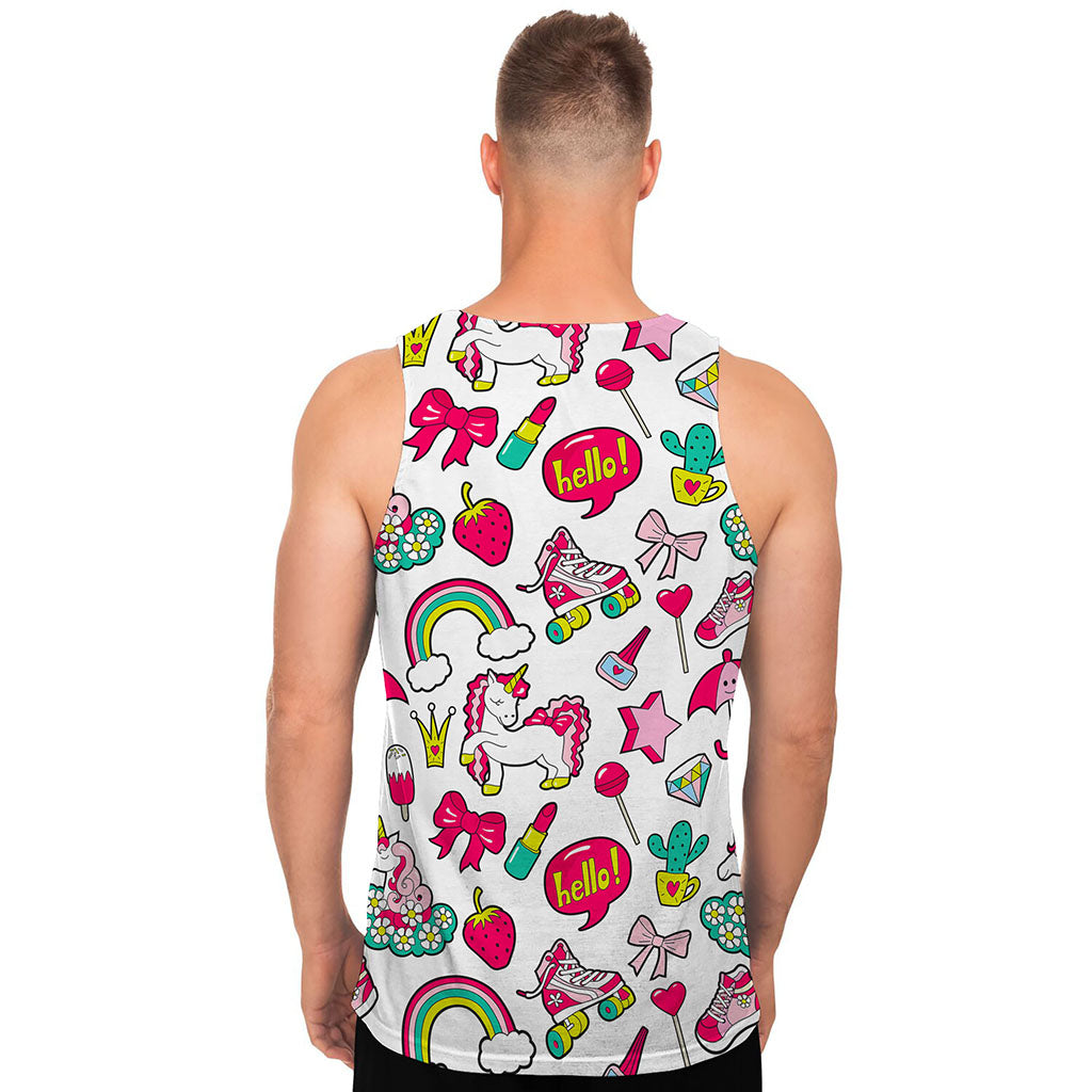 White Girly Unicorn Pattern Print Men's Tank Top