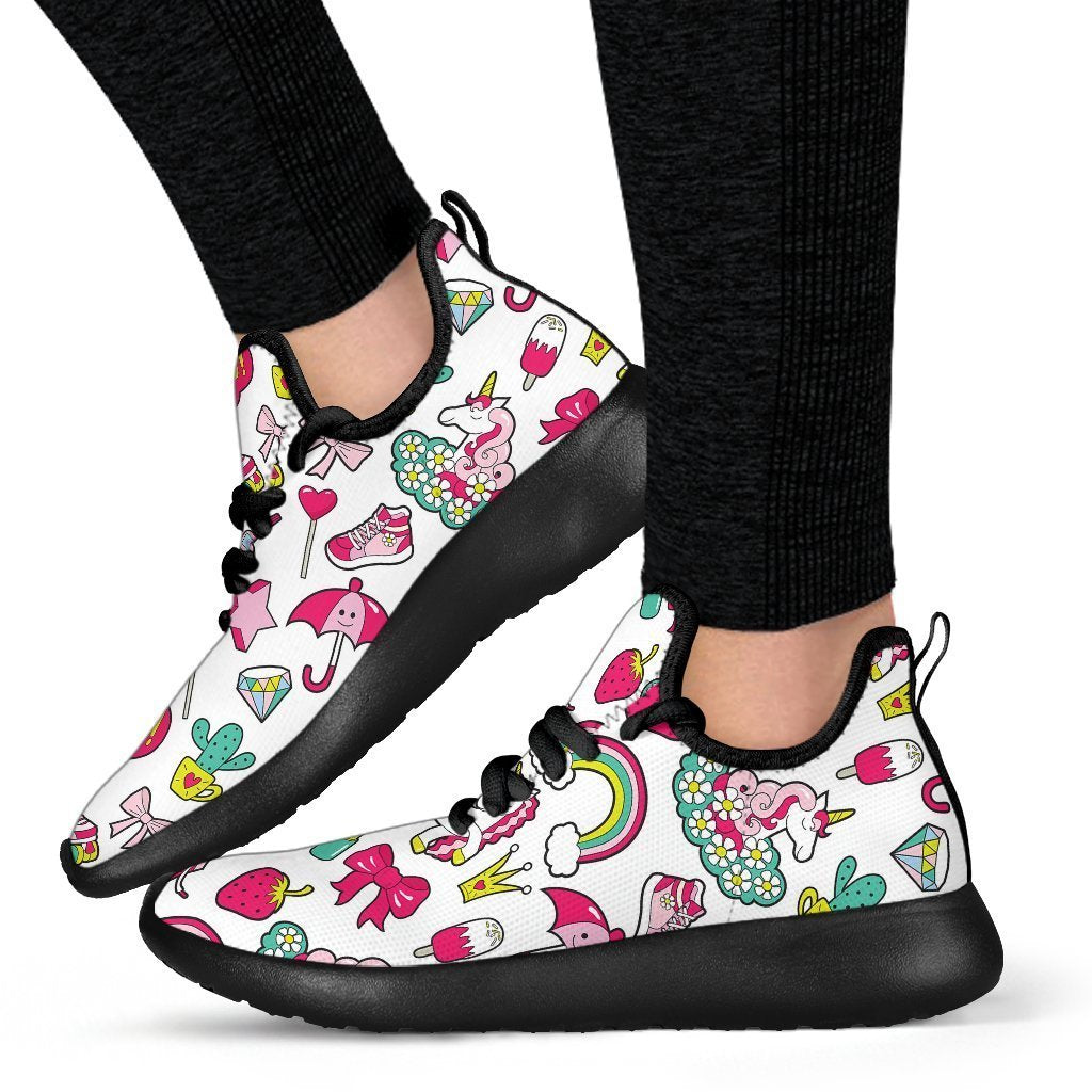White Girly Unicorn Pattern Print Mesh Knit Shoes GearFrost