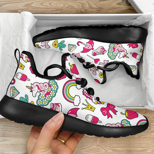 White Girly Unicorn Pattern Print Mesh Knit Shoes GearFrost