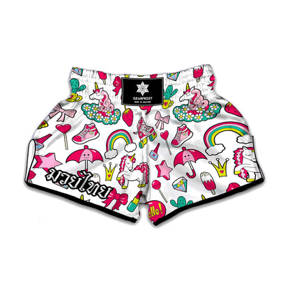 White Girly Unicorn Pattern Print Muay Thai Boxing Shorts