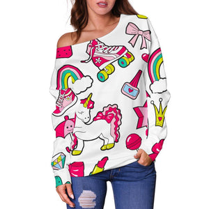 White Girly Unicorn Pattern Print Off Shoulder Sweatshirt GearFrost