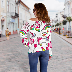 White Girly Unicorn Pattern Print Off Shoulder Sweatshirt GearFrost