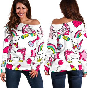 White Girly Unicorn Pattern Print Off Shoulder Sweatshirt GearFrost