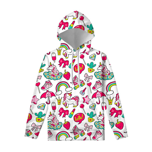 White Girly Unicorn Pattern Print Pullover Hoodie