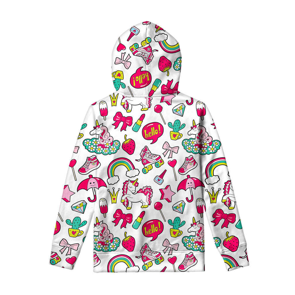 White Girly Unicorn Pattern Print Pullover Hoodie