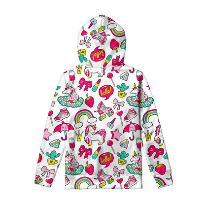 White Girly Unicorn Pattern Print Pullover Hoodie