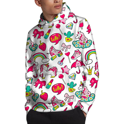 White Girly Unicorn Pattern Print Pullover Hoodie