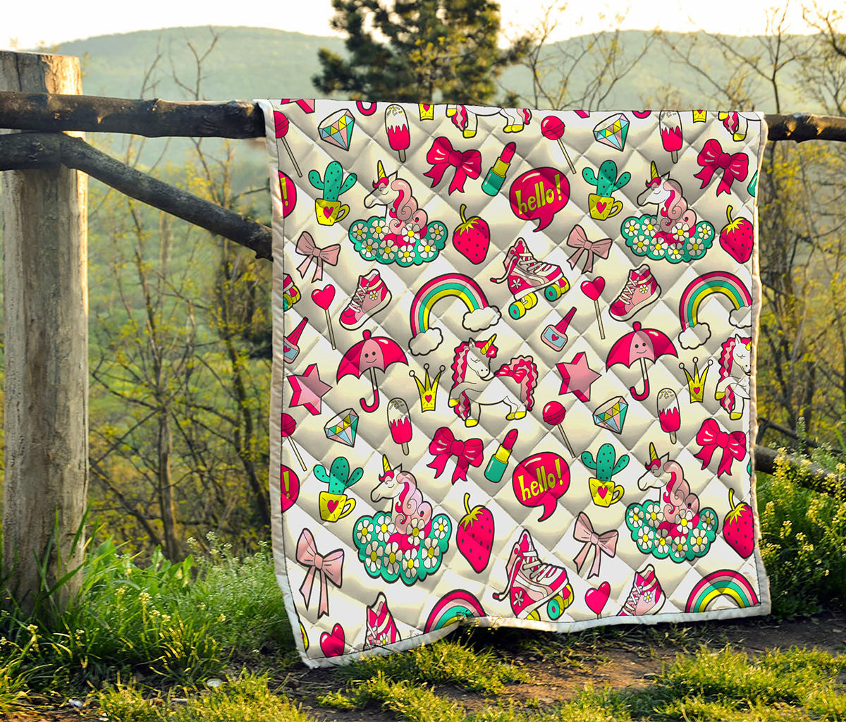 White Girly Unicorn Pattern Print Quilt
