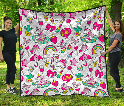White Girly Unicorn Pattern Print Quilt