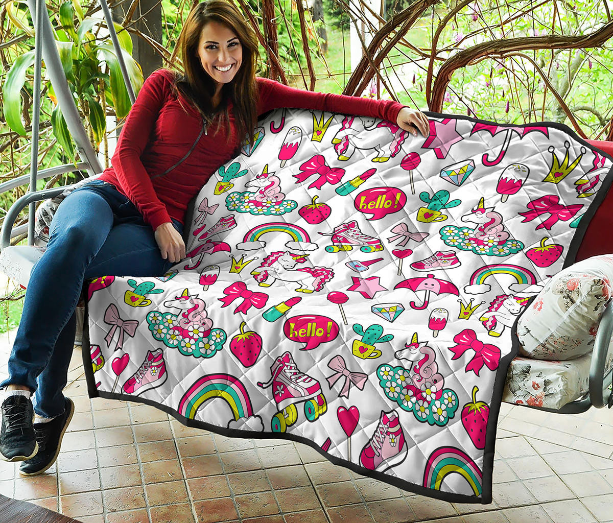 White Girly Unicorn Pattern Print Quilt
