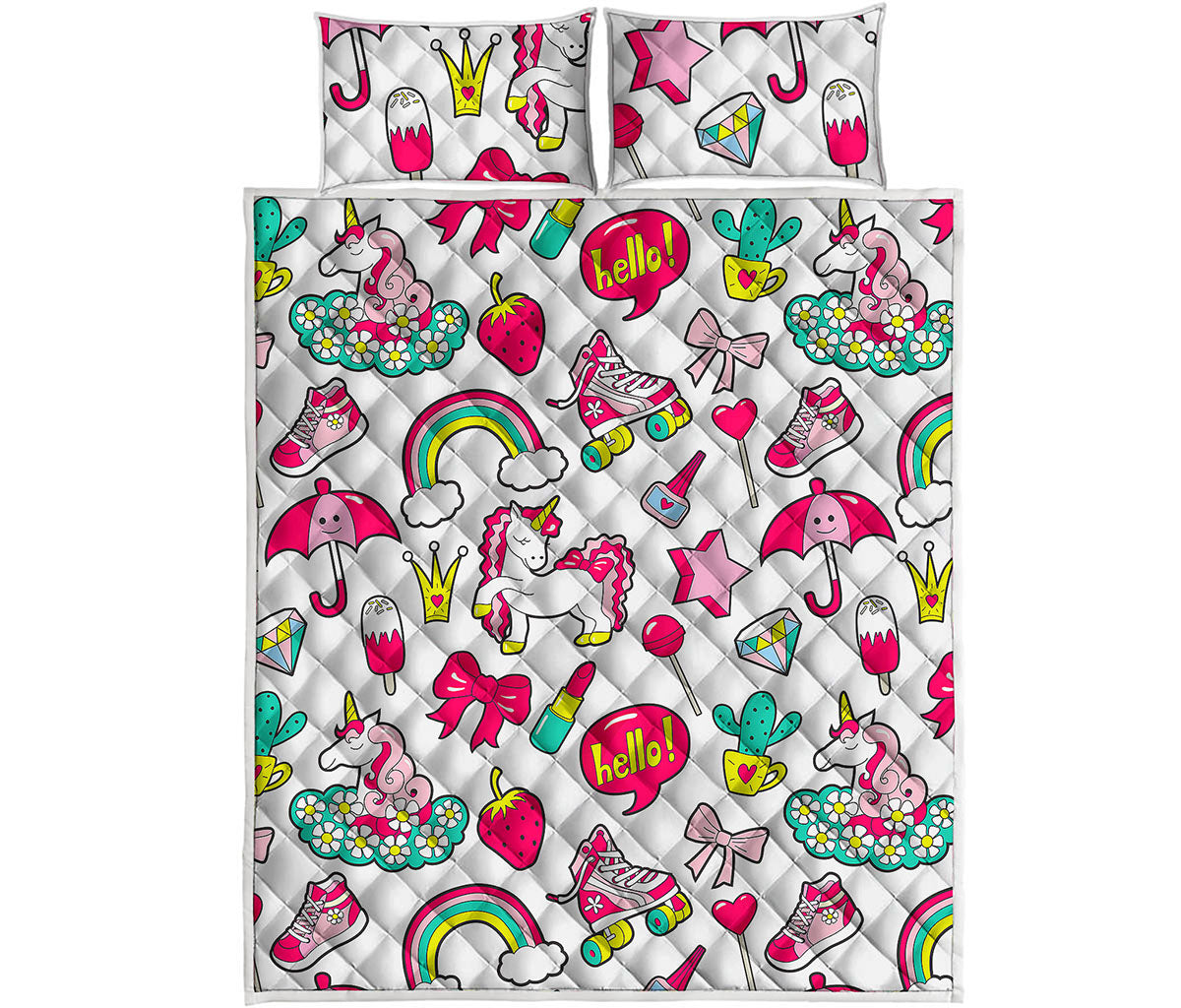 White Girly Unicorn Pattern Print Quilt Bed Set