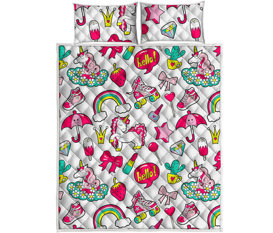 White Girly Unicorn Pattern Print Quilt Bed Set
