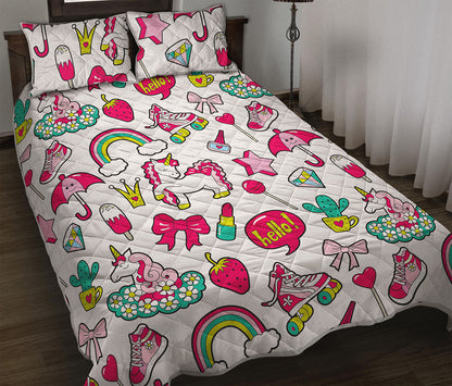 White Girly Unicorn Pattern Print Quilt Bed Set
