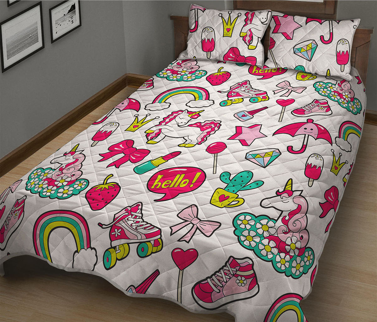 White Girly Unicorn Pattern Print Quilt Bed Set