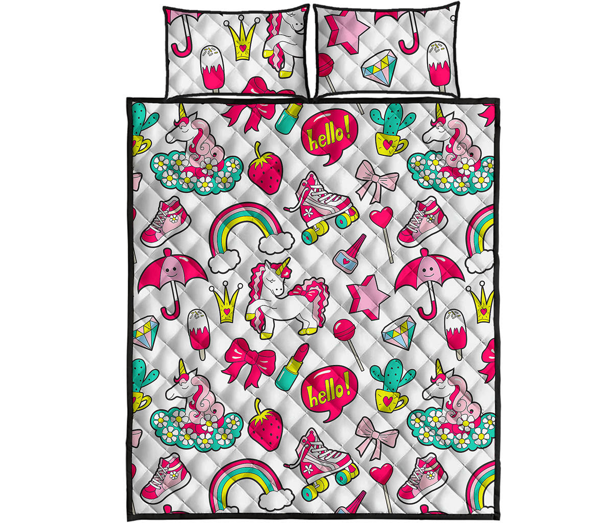 White Girly Unicorn Pattern Print Quilt Bed Set