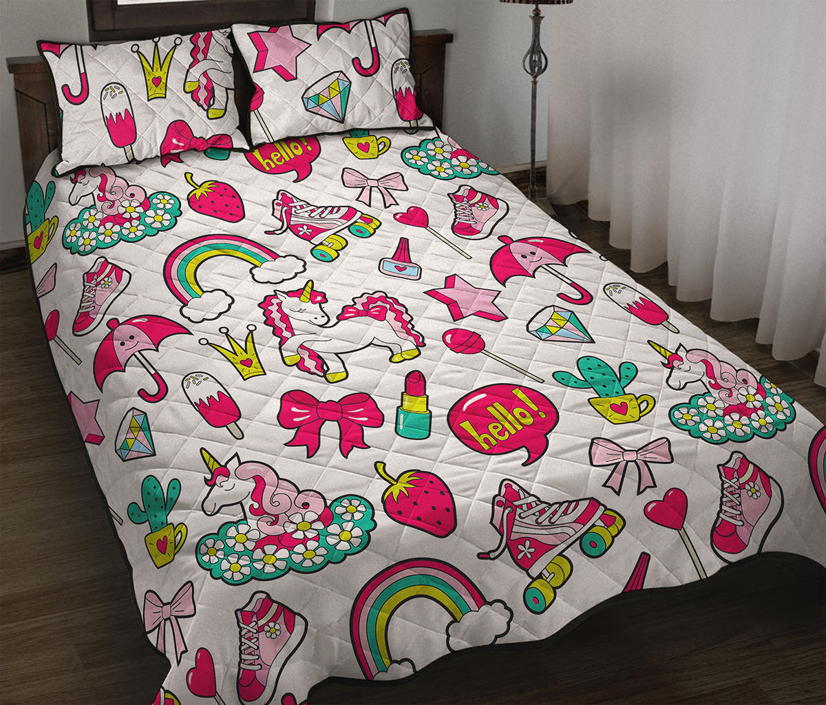 White Girly Unicorn Pattern Print Quilt Bed Set