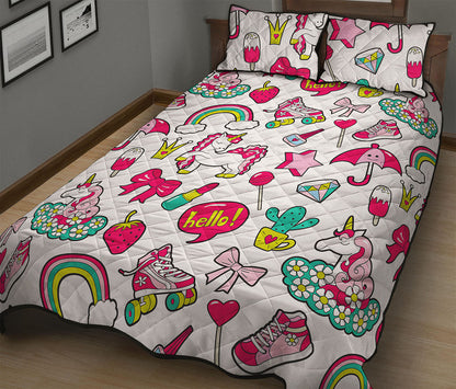 White Girly Unicorn Pattern Print Quilt Bed Set