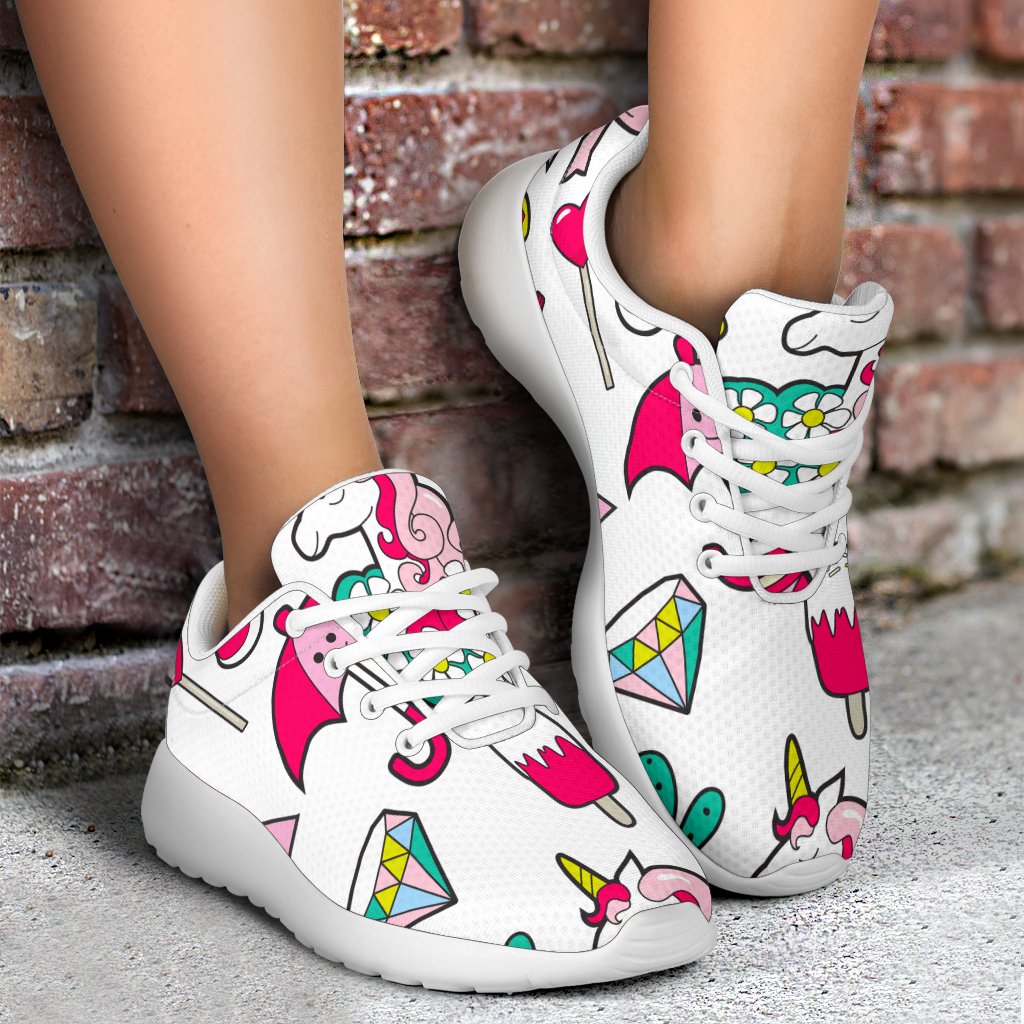 White Girly Unicorn Pattern Print Sport Shoes GearFrost