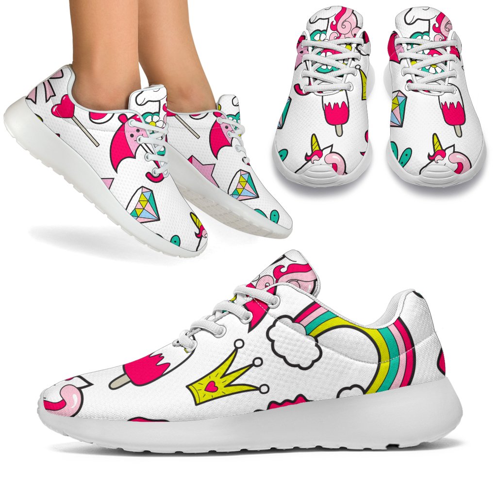 White Girly Unicorn Pattern Print Sport Shoes GearFrost