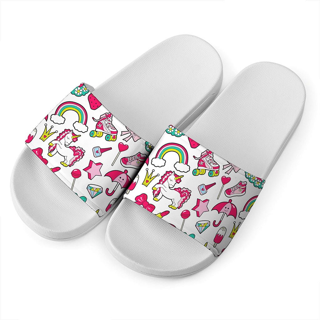 White Girly Unicorn Pattern Print White Slide Sandals
