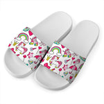 White Girly Unicorn Pattern Print White Slide Sandals