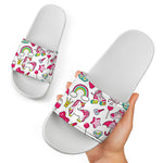 White Girly Unicorn Pattern Print White Slide Sandals