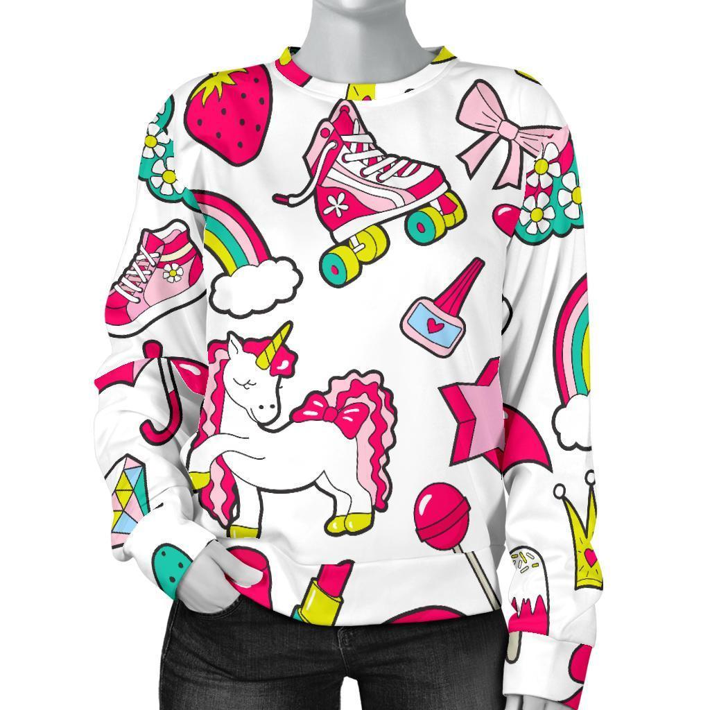 White Girly Unicorn Pattern Print Women's Crewneck Sweatshirt GearFrost