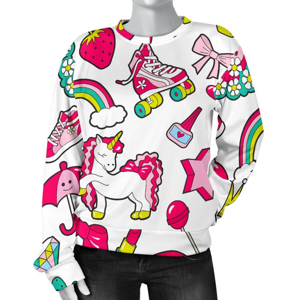 White Girly Unicorn Pattern Print Women's Crewneck Sweatshirt GearFrost
