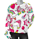 White Girly Unicorn Pattern Print Women's Crewneck Sweatshirt GearFrost