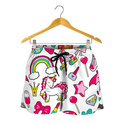 White Girly Unicorn Pattern Print Women's Shorts