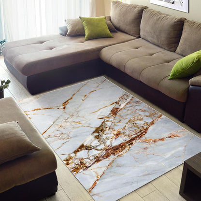 White Gold Grunge Marble Print Area Rug GearFrost