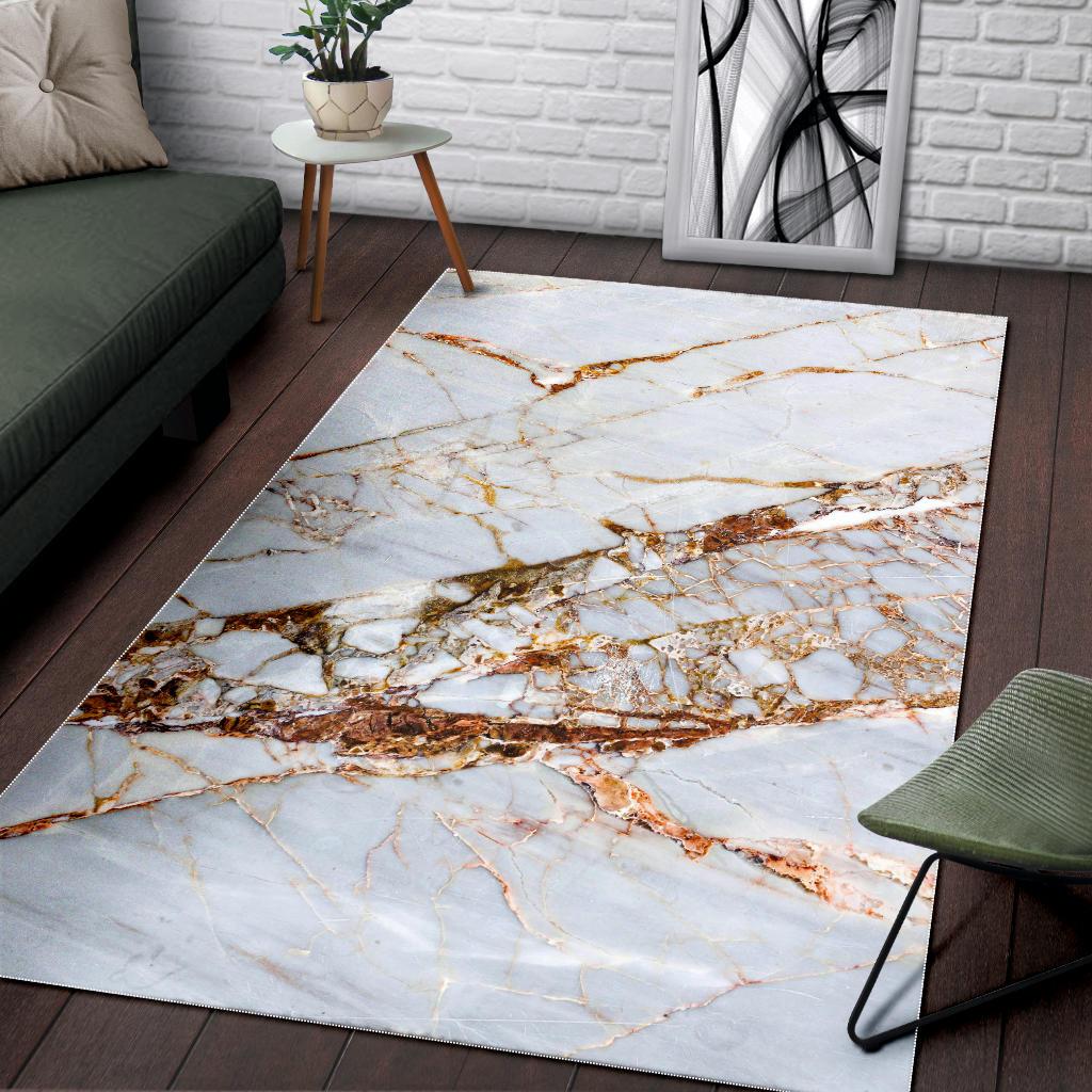 White Gold Grunge Marble Print Area Rug GearFrost
