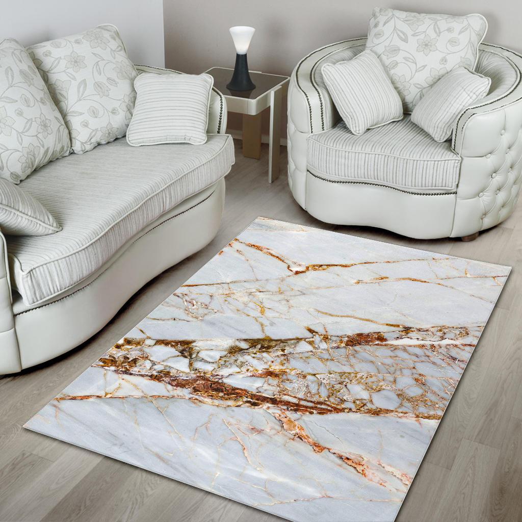 White Gold Grunge Marble Print Area Rug GearFrost