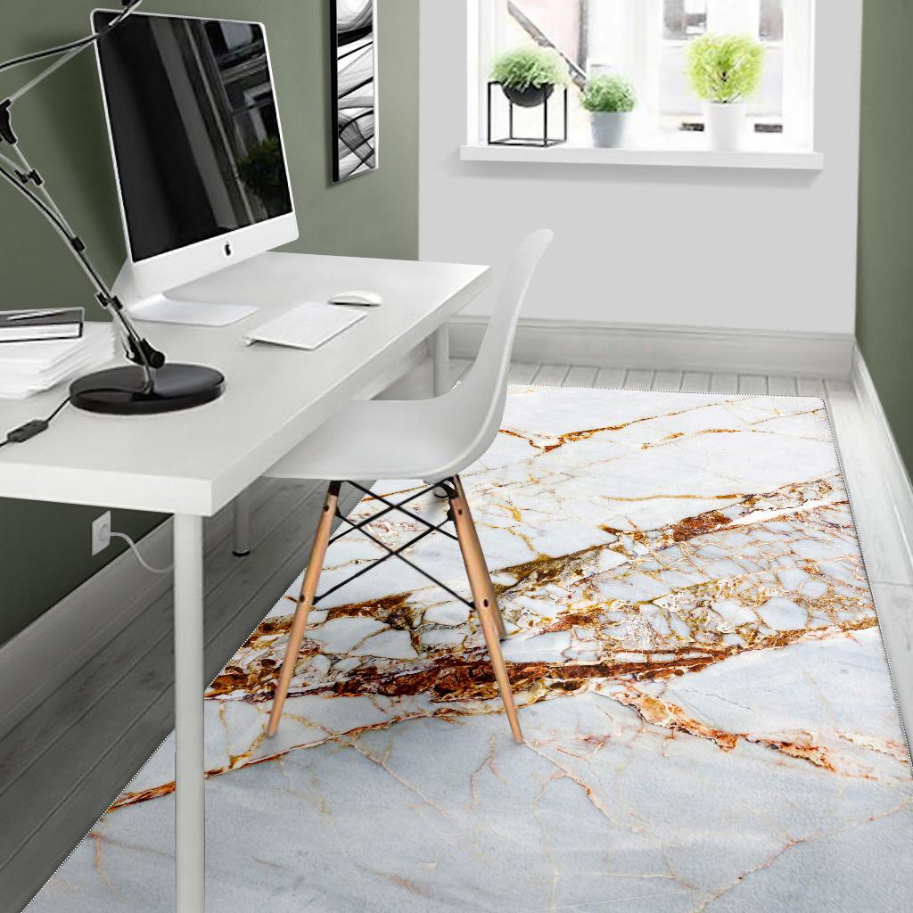 White Gold Grunge Marble Print Area Rug GearFrost