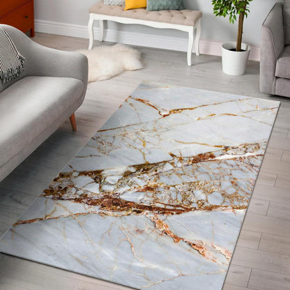 White Gold Grunge Marble Print Area Rug GearFrost