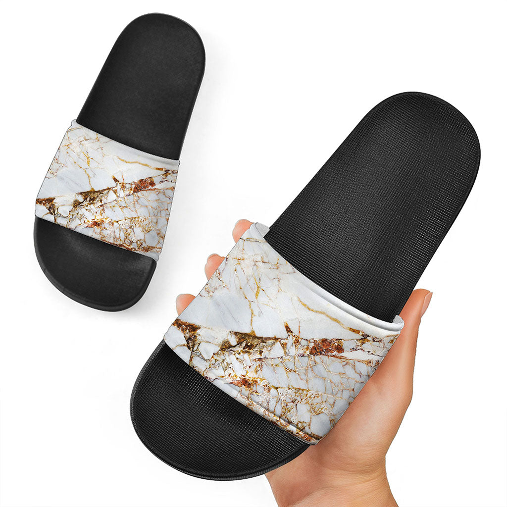 White Gold Grunge Marble Print Black Slide Sandals