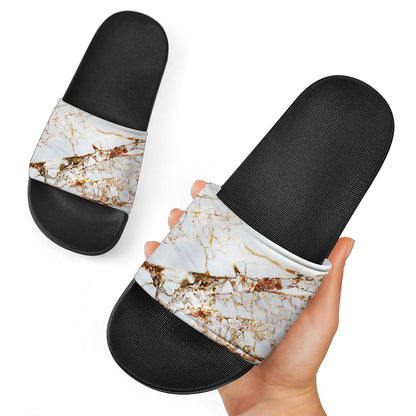 White Gold Grunge Marble Print Black Slide Sandals