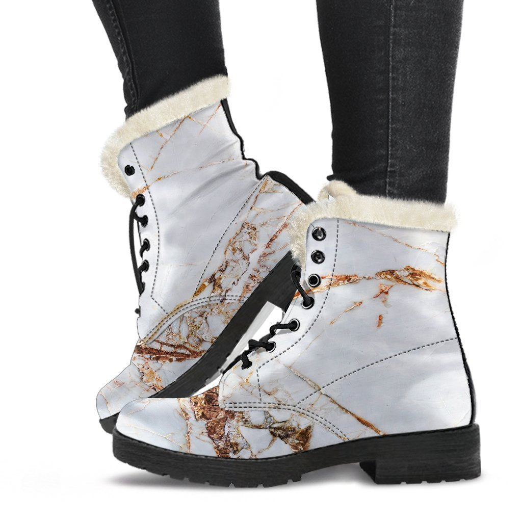 White Gold Grunge Marble Print Comfy Boots GearFrost