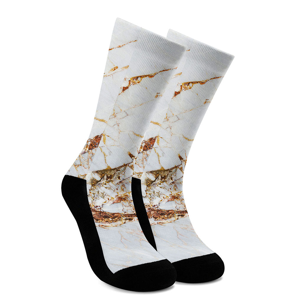 White Gold Grunge Marble Print Crew Socks