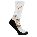 White Gold Grunge Marble Print Crew Socks