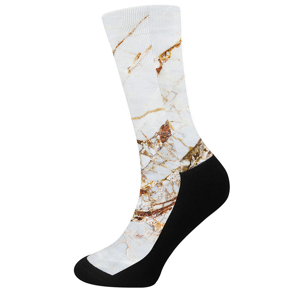 White Gold Grunge Marble Print Crew Socks